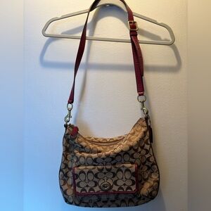 Coach Beige and Burgundy Signature Shoulder Bag